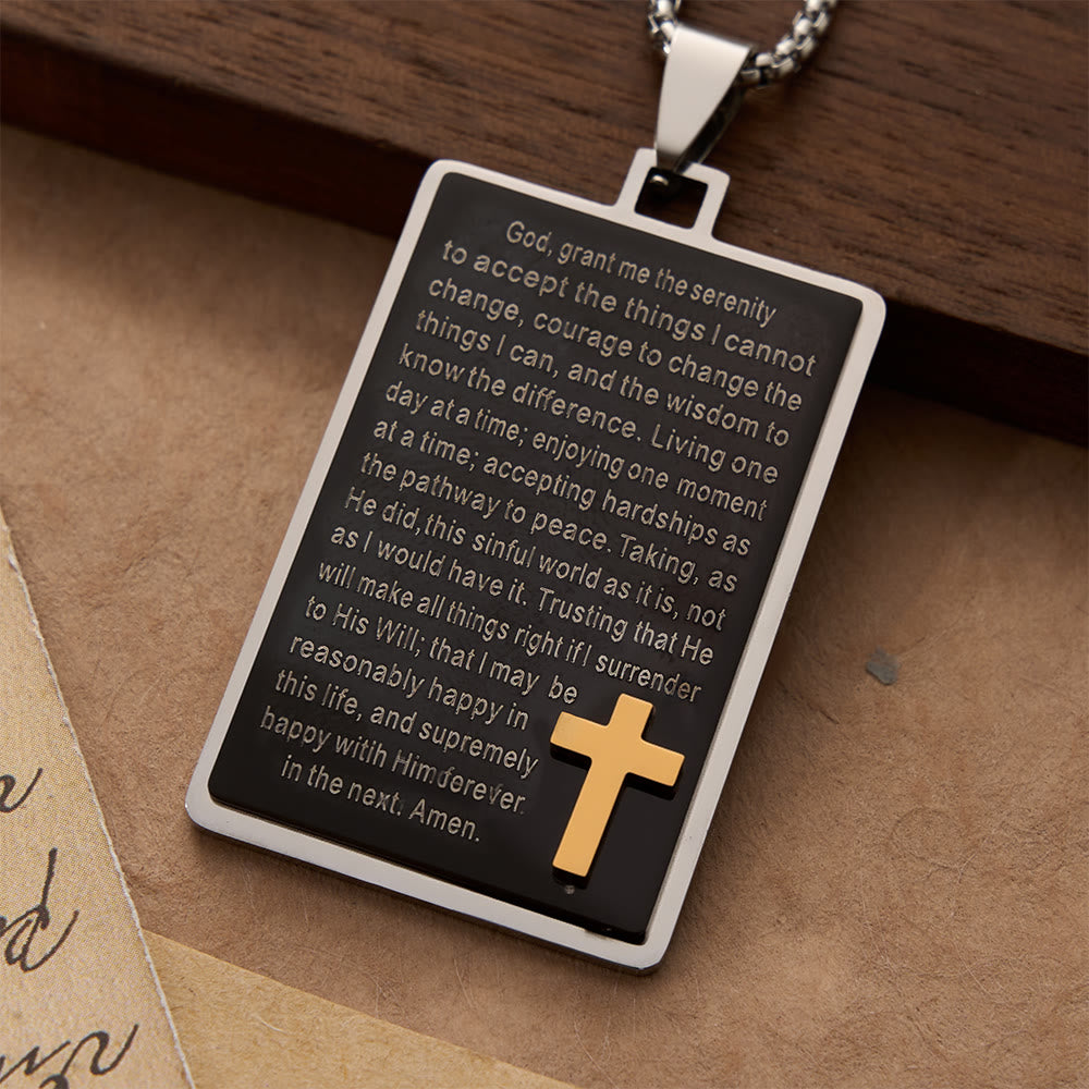 Christianartworkshop Two-Tone Rectangular Tag Serenity Prayer Engraved Necklace with Raised Gold Cross - image 1