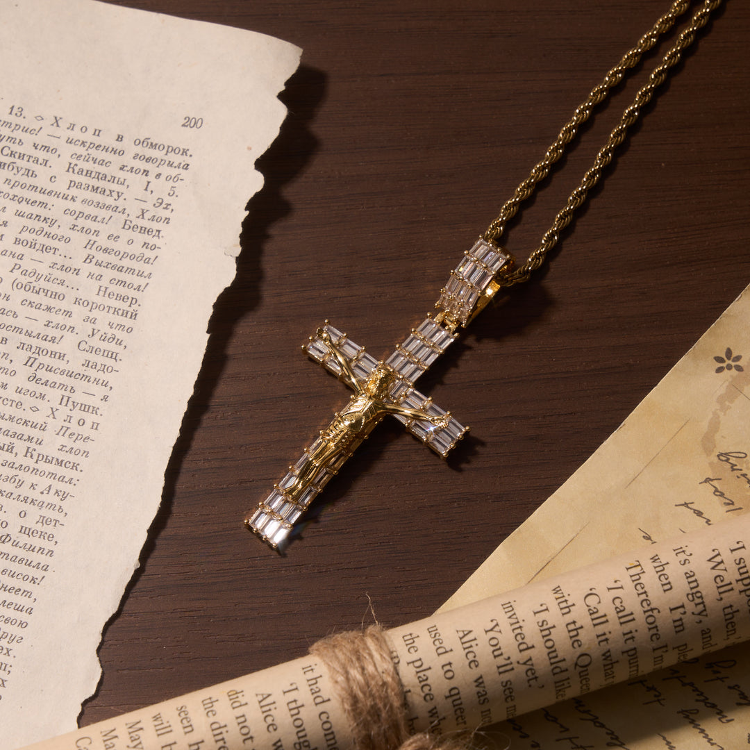 Christianartworkshop Baguette Zircon Fully Iced Crucifix Pendant Twisted Rope Chain Two-Tone Necklace - image 4
