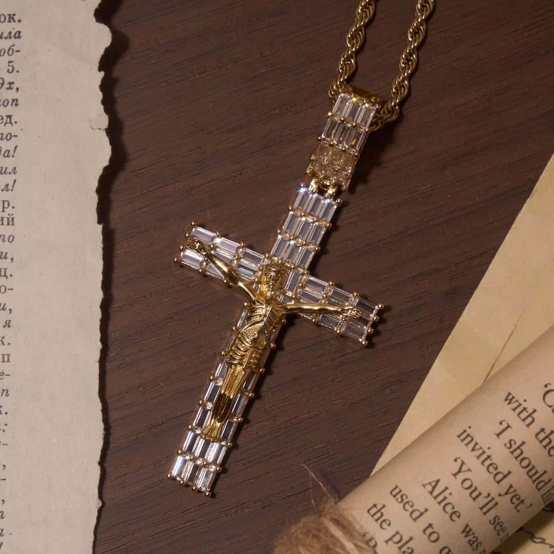 Christianartworkshop Baguette Zircon Fully Iced Crucifix Pendant Twisted Rope Chain Two-Tone Necklace - image 3