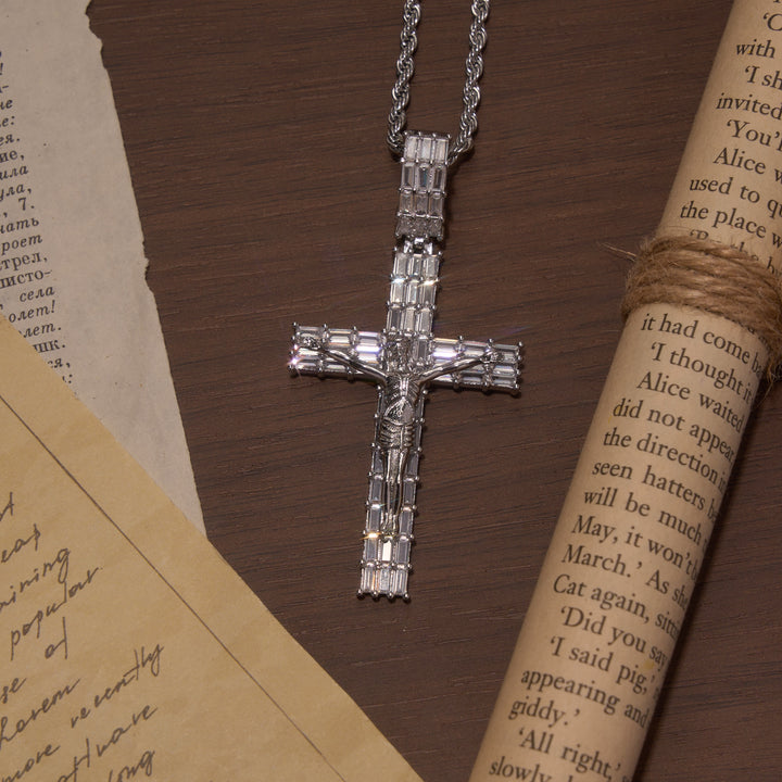 Christianartworkshop Baguette Zircon Fully Iced Crucifix Pendant Twisted Rope Chain Two-Tone Necklace - Silver - Large - image 7