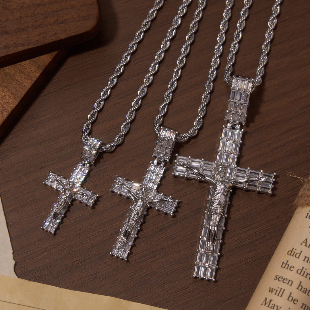 Christianartworkshop Baguette Zircon Fully Iced Crucifix Pendant Twisted Rope Chain Two-Tone Necklace - image 2