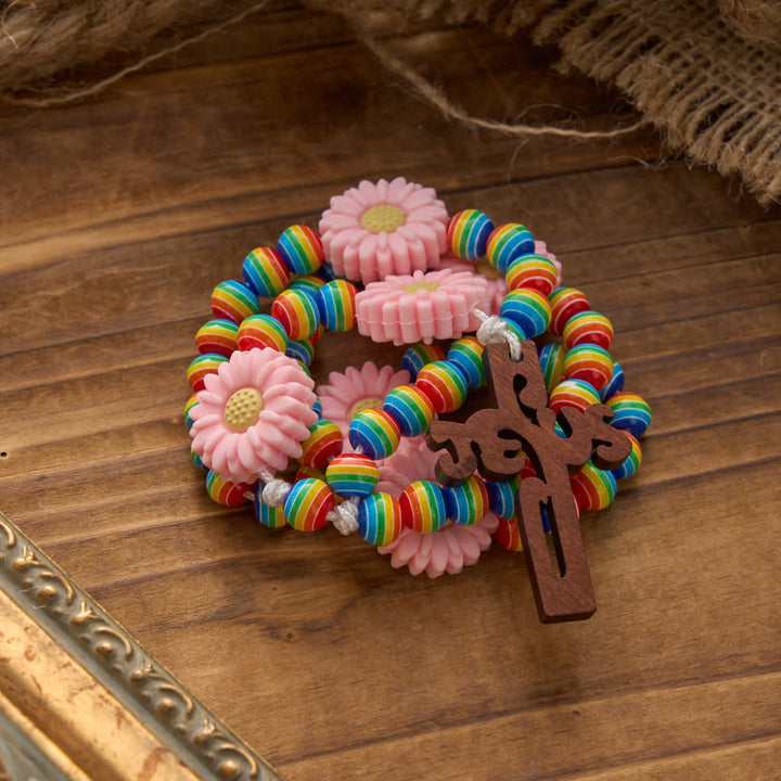Christianartworkshop Rainbow Candy Stripe Bead Kid's Rosary with Pink Daisy Nodes & Jesus Cross - image 4