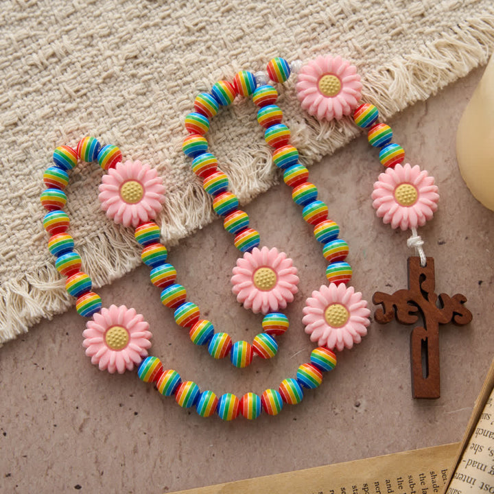 Christianartworkshop Rainbow Candy Stripe Bead Kid's Rosary with Pink Daisy Nodes & Jesus Cross - image 3