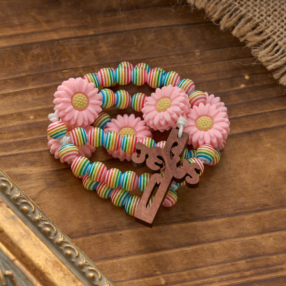 Christianartworkshop Soft Pastel Rainbow Stripe Rosary with Pink Daisy & Kids' Faith Accessory - image 4