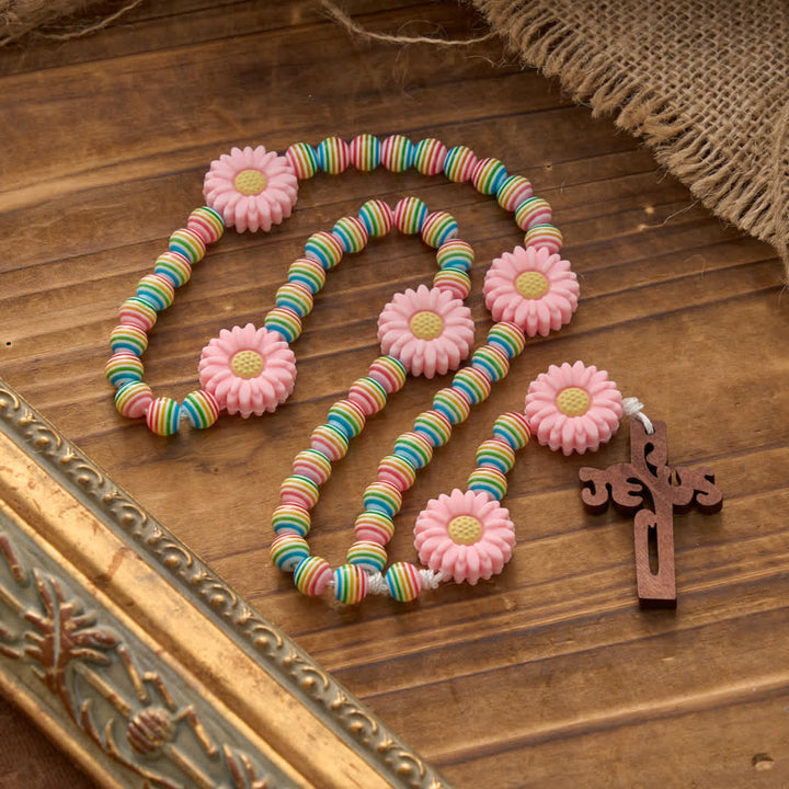 Christianartworkshop Soft Pastel Rainbow Stripe Rosary with Pink Daisy & Kids' Faith Accessory - Jesus Cross - image 0