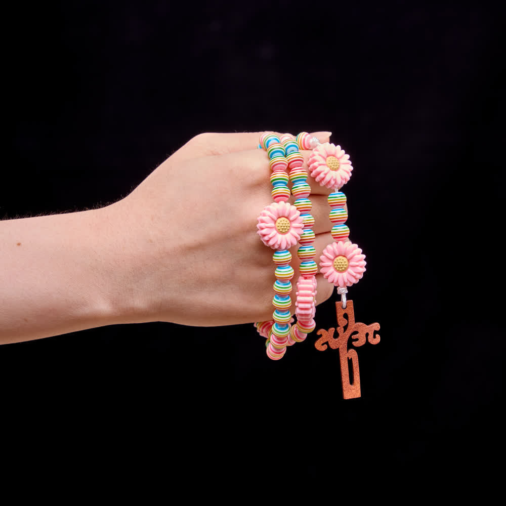 Christianartworkshop Soft Pastel Rainbow Stripe Rosary with Pink Daisy & Kids' Faith Accessory - image 1