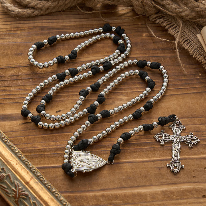 Christianartworkshop Rugged Silver-Toned Paracord 15-Decade Rosary: Carry Our Lady's Grace Wherever You Go - Our Lady & Crucifix - image 0