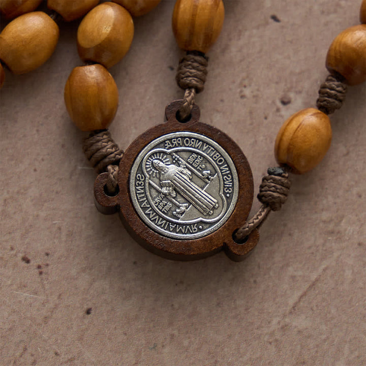 Christianartworkshop Traditional Rustic Oval Wood 15-Decade Rosary with St. Benedict Centerpiece - image 7