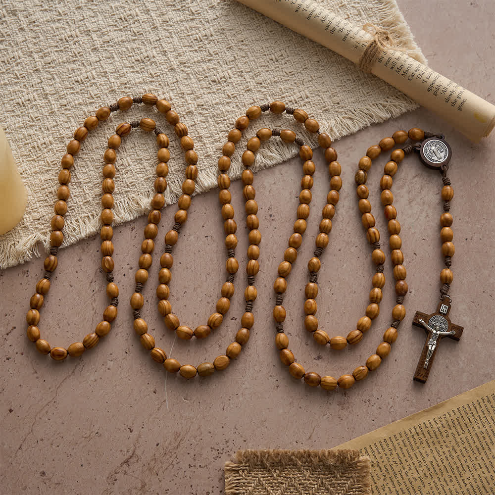 Christianartworkshop Traditional Rustic Oval Wood 15-Decade Rosary with St. Benedict Centerpiece - image 4