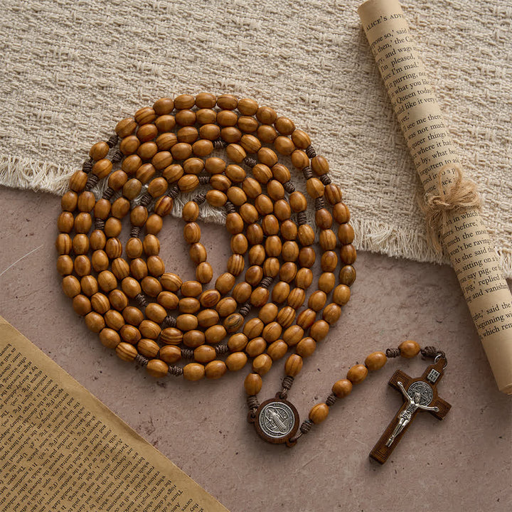 Christianartworkshop Traditional Rustic Oval Wood 15-Decade Rosary with St. Benedict Centerpiece - 15 Decade Rosary - image 0