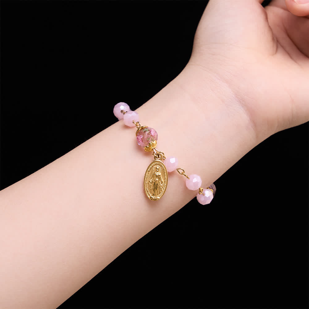 Christianartworkshop Soft Pink Crystal Devotional Bracelet with Our Lady Medal & Cross - image 1