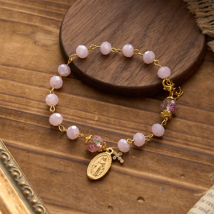 Christianartworkshop Soft Pink Crystal Devotional Bracelet with Our Lady Medal & Cross - Wrist Circumference: 7.42"-9.89"/18.84-25.13 cm - image 0
