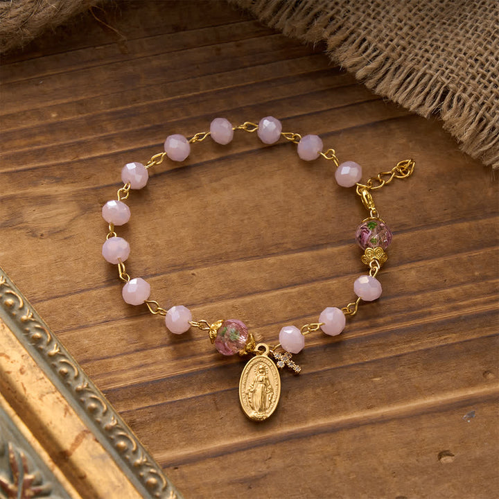 Christianartworkshop Soft Pink Crystal Devotional Bracelet with Our Lady Medal & Cross - image 2