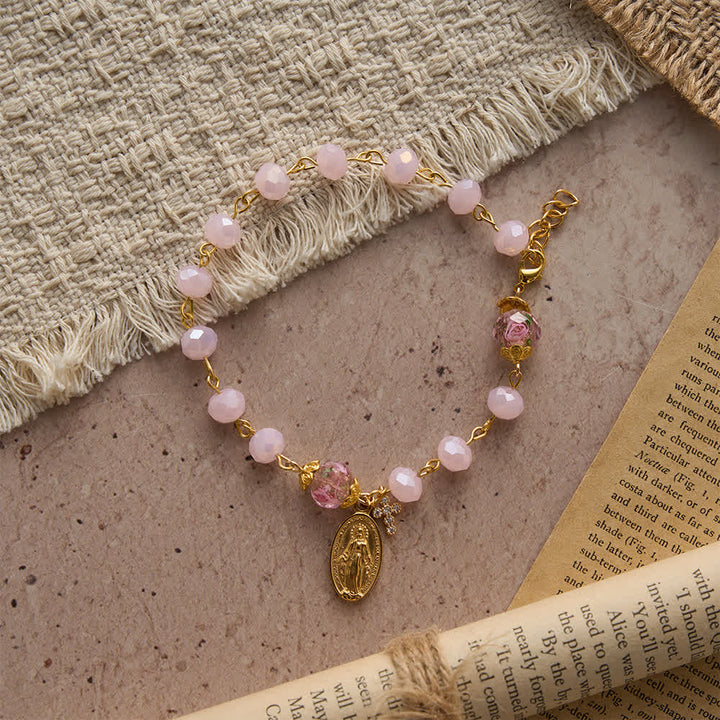 Christianartworkshop Soft Pink Crystal Devotional Bracelet with Our Lady Medal & Cross - image 3