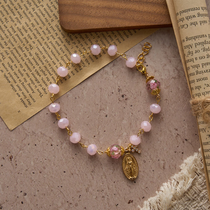 Christianartworkshop Soft Pink Crystal Devotional Bracelet with Our Lady Medal & Cross - image 4