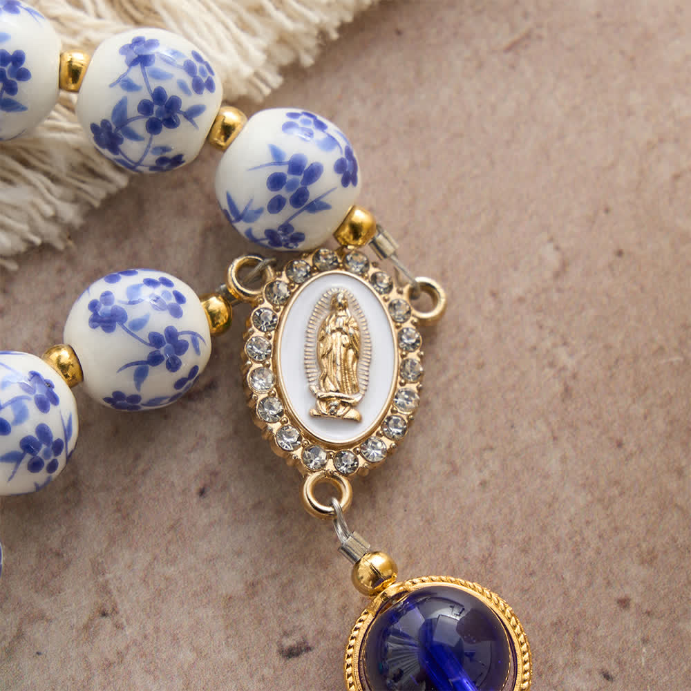 Christianartworkshop Blue & White Floral Ceramic Rosary with Elegant Marian Devotion - image 5