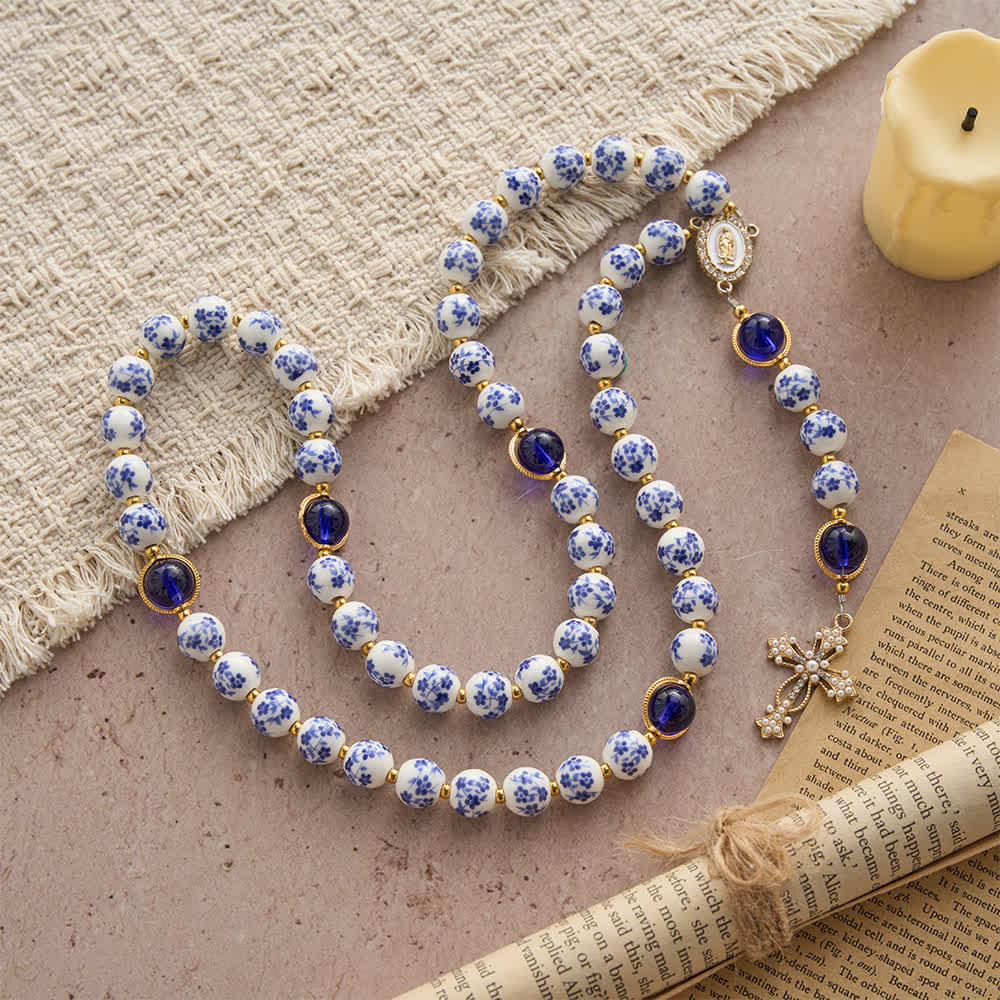 Christianartworkshop Blue & White Floral Ceramic Rosary with Elegant Marian Devotion - image 3