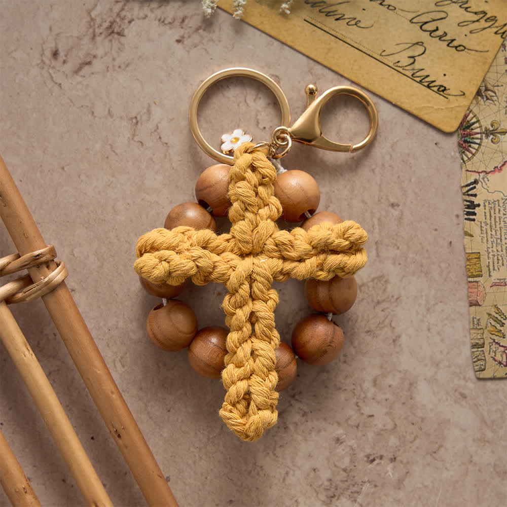 Christianartworkshop  Sandalwood Bead Pocket Rosary & Keychain with Multicolor Handmade Crochet Cross - image 5