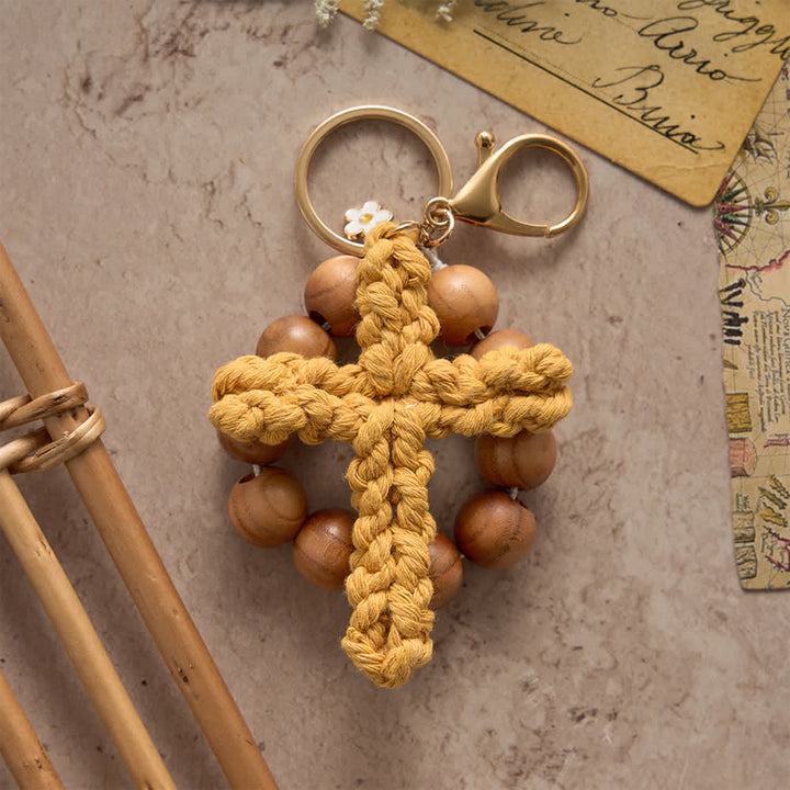 Christianartworkshop  Sandalwood Bead Pocket Rosary & Keychain with Multicolor Handmade Crochet Cross - image 5