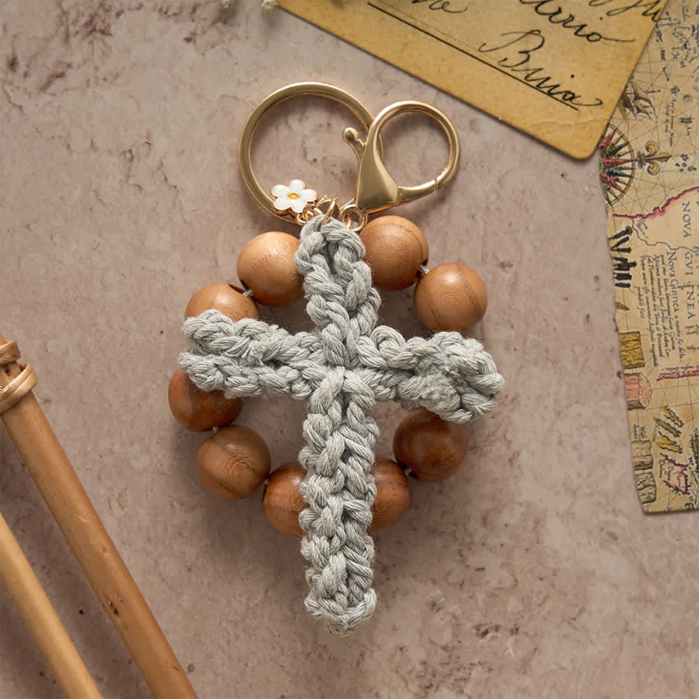Christianartworkshop Peach Wood Bead Pocket Rosary & Keychain with Multicolor Handmade Crochet Cross - image 3