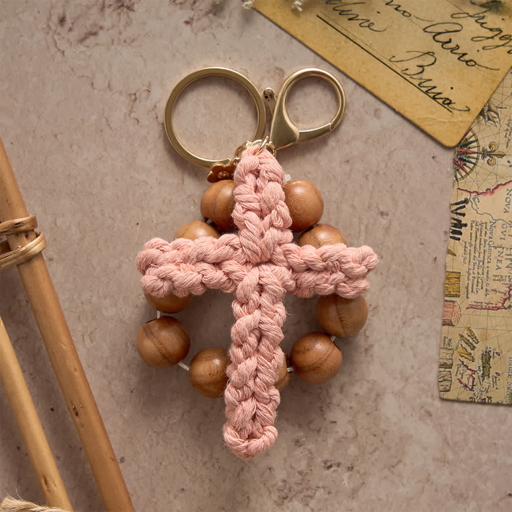 Christianartworkshop  Sandalwood Bead Pocket Rosary & Keychain with Multicolor Handmade Crochet Cross - image 1