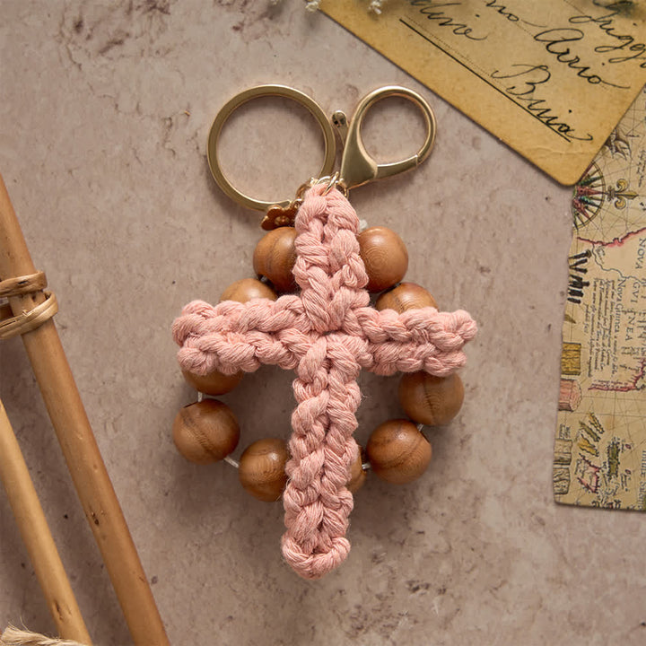 Christianartworkshop  Sandalwood Bead Pocket Rosary & Keychain with Multicolor Handmade Crochet Cross - image 1