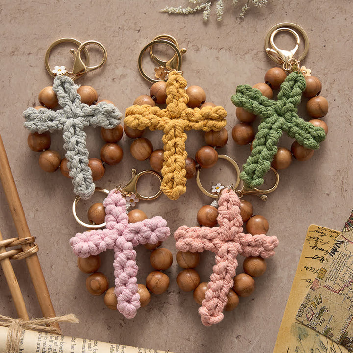 Christianartworkshop  Sandalwood Bead Pocket Rosary & Keychain with Multicolor Handmade Crochet Cross - image 0