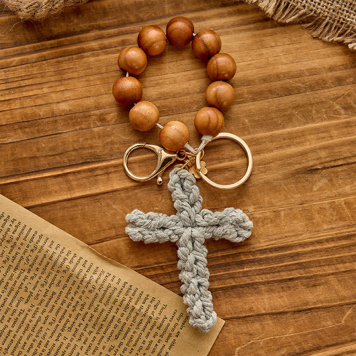 Christianartworkshop  Sandalwood Bead Pocket Rosary & Keychain with Multicolor Handmade Crochet Cross - Grey - image 4