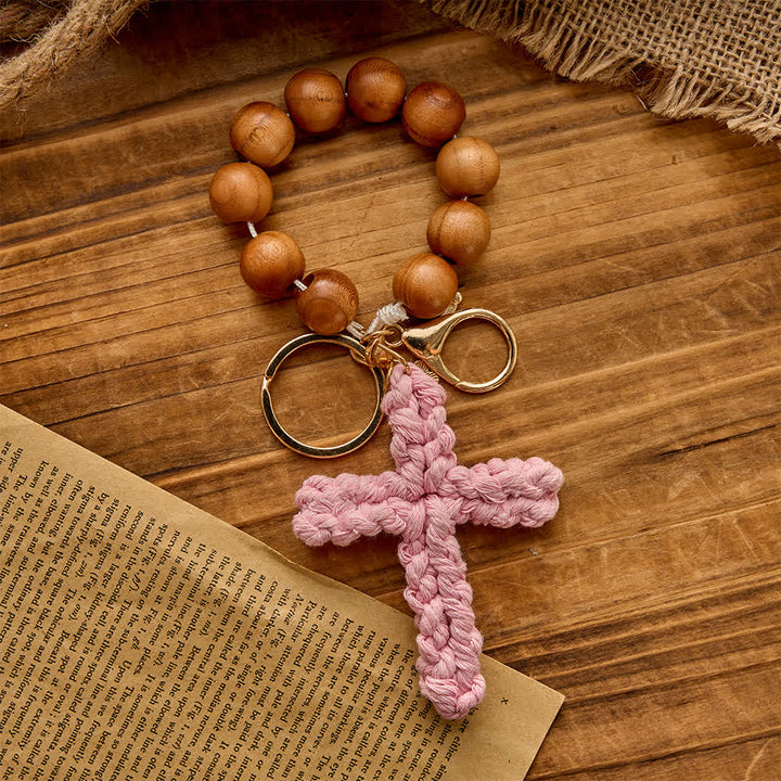 Christianartworkshop  Sandalwood Bead Pocket Rosary & Keychain with Multicolor Handmade Crochet Cross - Light Pink - image 10
