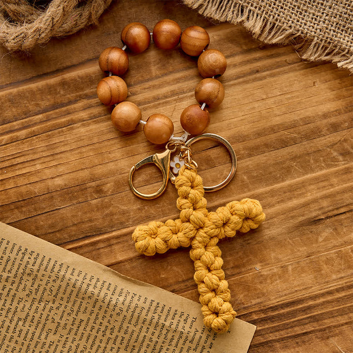 Christianartworkshop  Sandalwood Bead Pocket Rosary & Keychain with Multicolor Handmade Crochet Cross - Yellow - image 6