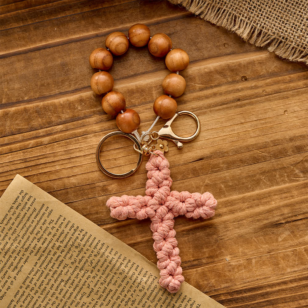 Christianartworkshop  Sandalwood Bead Pocket Rosary & Keychain with Multicolor Handmade Crochet Cross - Pink - image 2