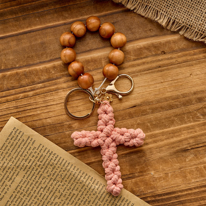 Christianartworkshop  Sandalwood Bead Pocket Rosary & Keychain with Multicolor Handmade Crochet Cross - Pink - image 2
