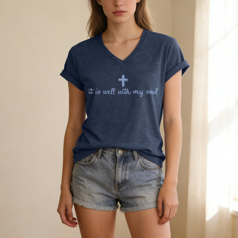 Christianartworkshop It Is Well With My Soul Cross Script Casual V-neck T-shirt - image 1