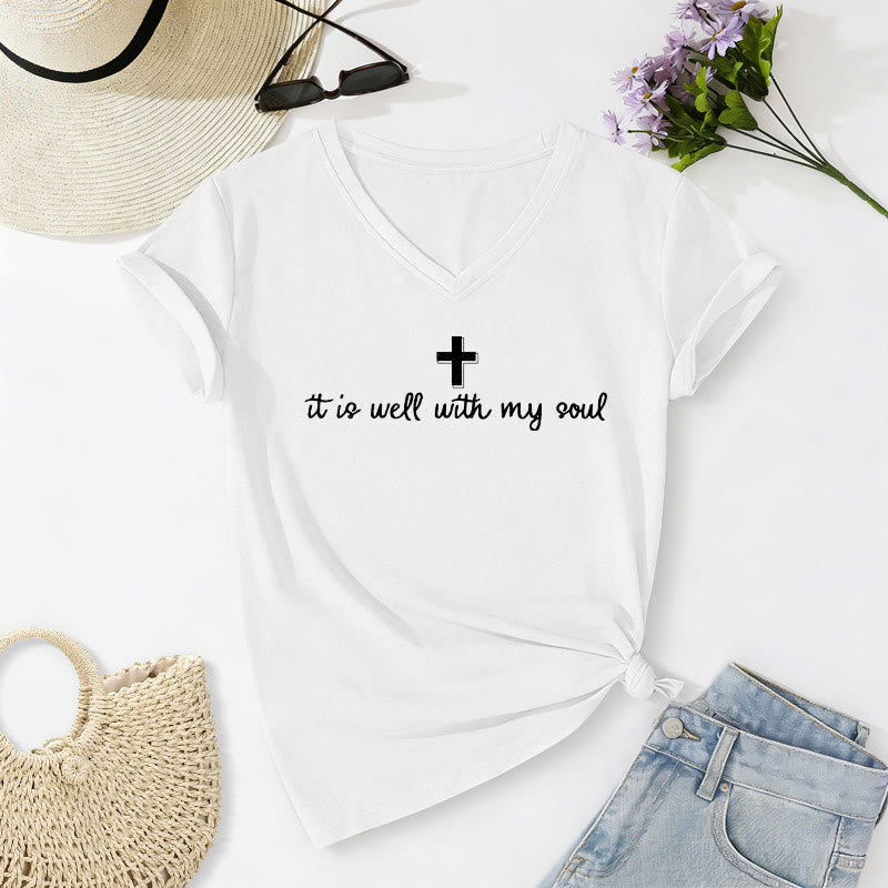 Christianartworkshop It Is Well With My Soul Cross Script Casual V-neck T-shirt - White - 2XL - image 14