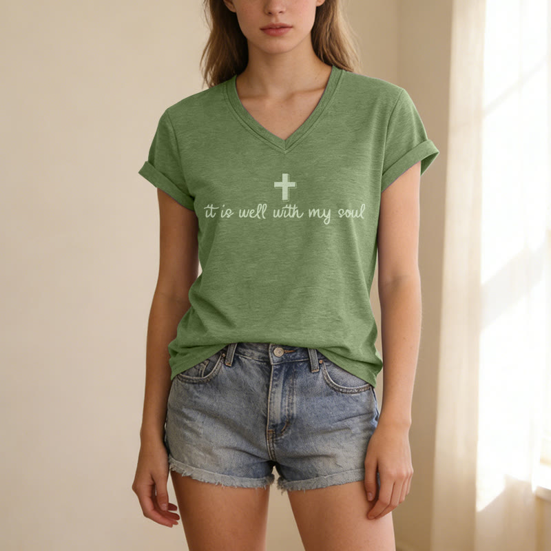 Christianartworkshop It Is Well With My Soul Cross Script Casual V-neck T-shirt - image 13