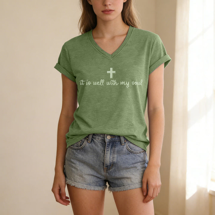 Christianartworkshop It Is Well With My Soul Cross Script Casual V-neck T-shirt - image 13