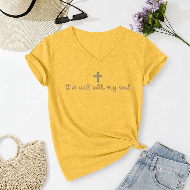 Christianartworkshop It Is Well With My Soul Cross Script Casual V-neck T-shirt - Yellow - 2XL - image 10