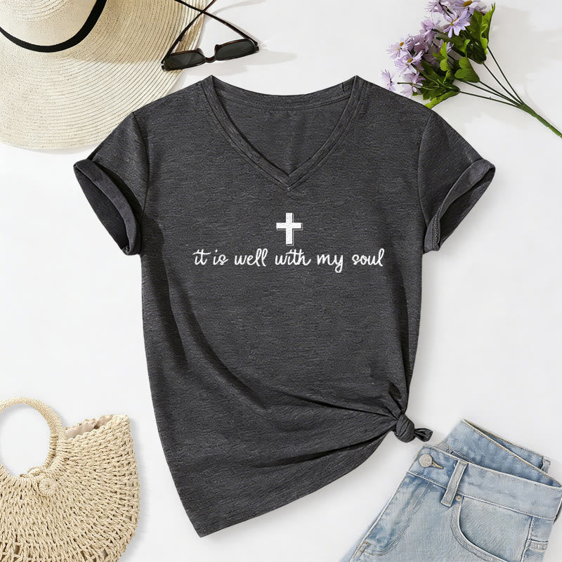 Christianartworkshop It Is Well With My Soul Cross Script Casual V-neck T-shirt - Dark Grey - 2XL - image 2