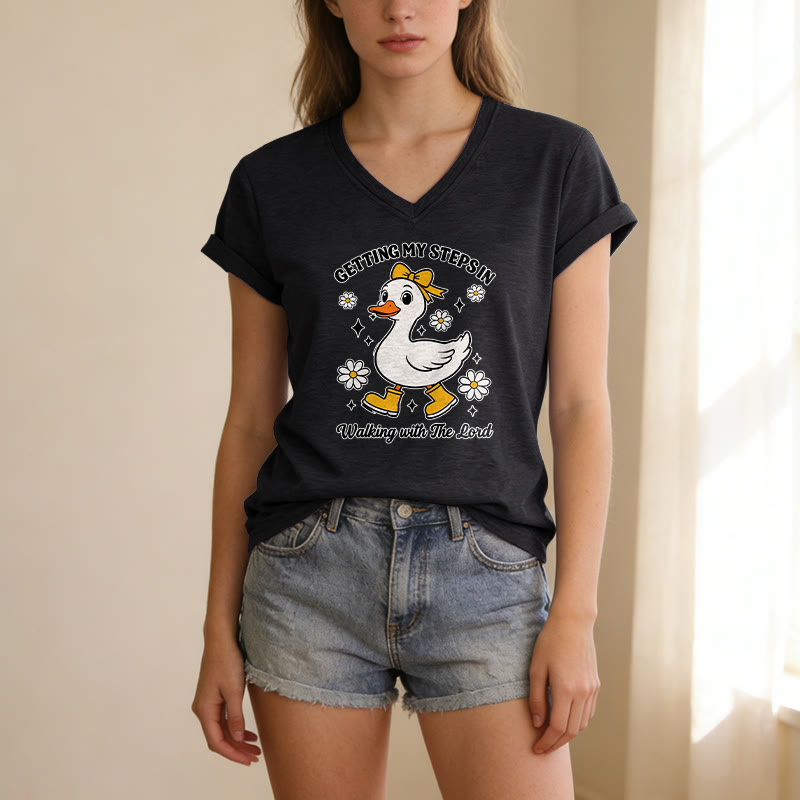 Christianartworkshop Getting My Steps In Walking With The Lord Cartoon Duck Daisy Casual V-neck T-shirt - image 11