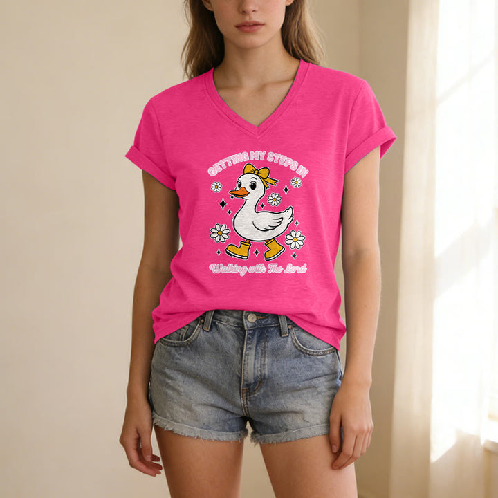 Christianartworkshop Getting My Steps In Walking With The Lord Cartoon Duck Daisy Casual V-neck T-shirt - image 25