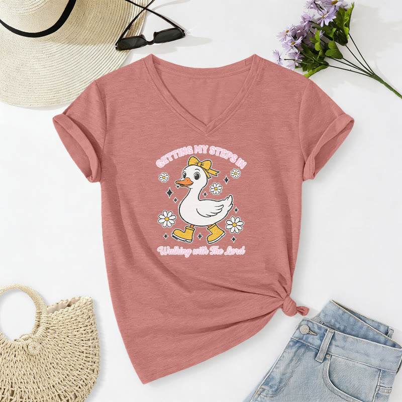 Christianartworkshop Getting My Steps In Walking With The Lord Cartoon Duck Daisy Casual V-neck T-shirt - Light Pink - 2XL - image 8