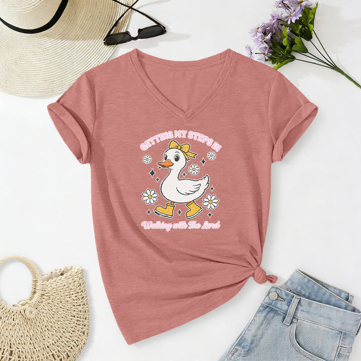Christianartworkshop Getting My Steps In Walking With The Lord Cartoon Duck Daisy Casual V-neck T-shirt - Light Pink - 2XL - image 8
