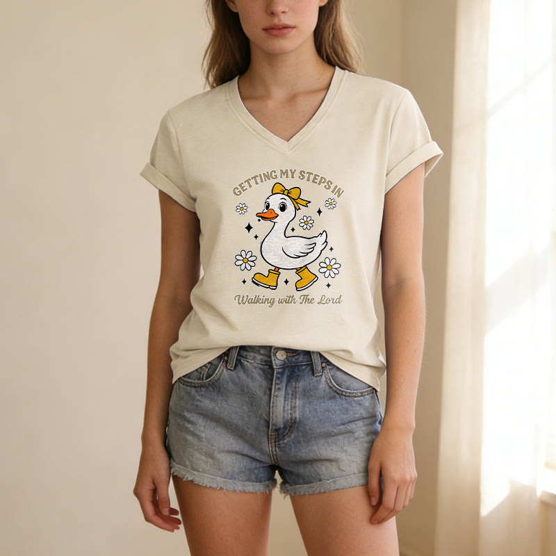 Christianartworkshop Getting My Steps In Walking With The Lord Cartoon Duck Daisy Casual V-neck T-shirt - image 7
