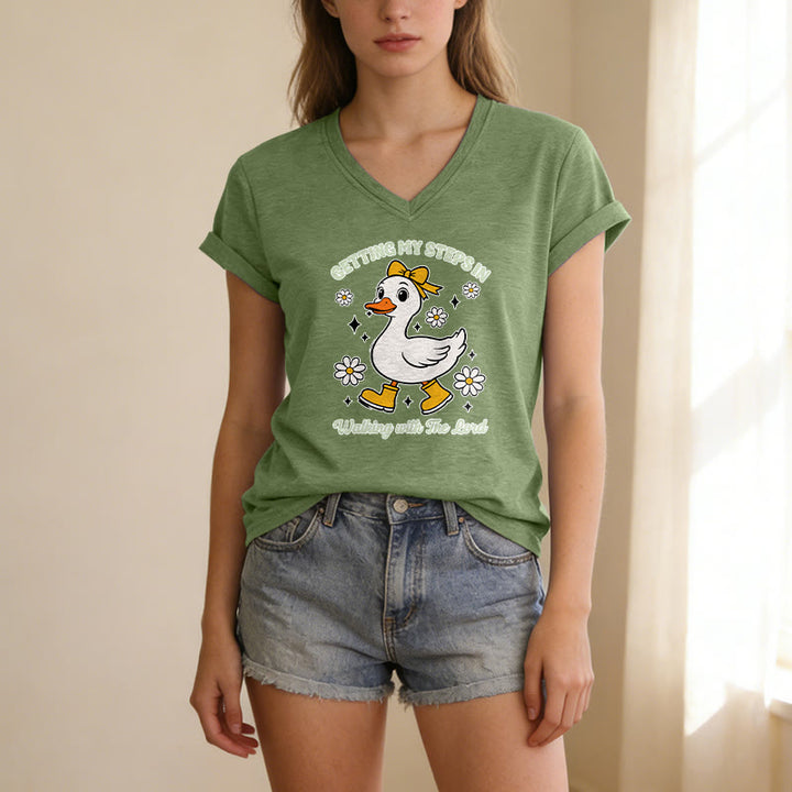 Christianartworkshop Getting My Steps In Walking With The Lord Cartoon Duck Daisy Casual V-neck T-shirt - image 15