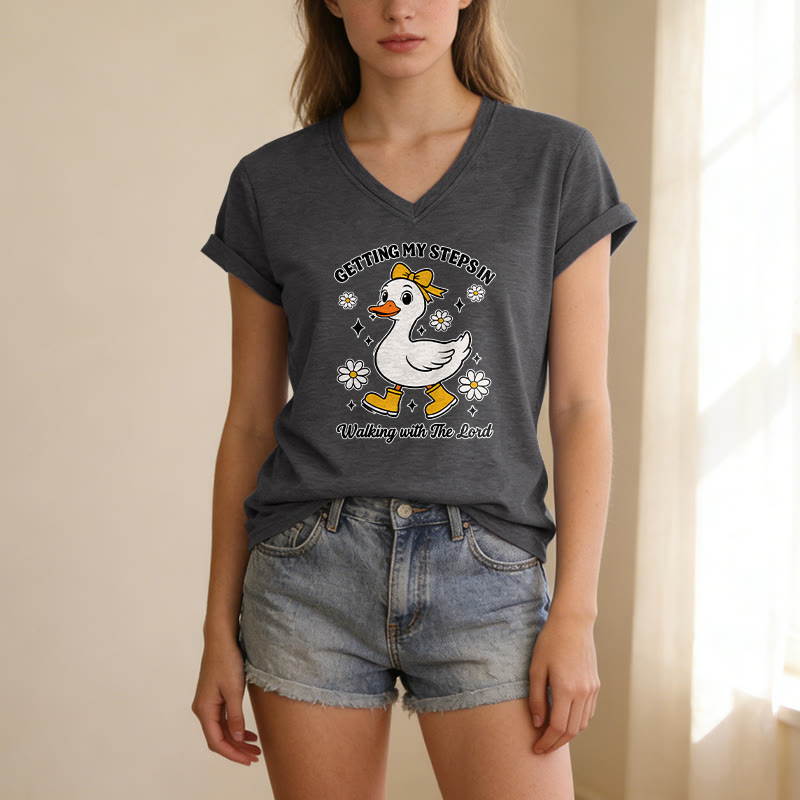 Christianartworkshop Getting My Steps In Walking With The Lord Cartoon Duck Daisy Casual V-neck T-shirt - image 5