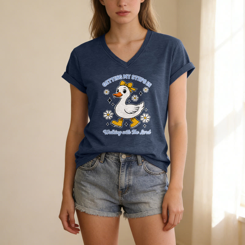 Christianartworkshop Getting My Steps In Walking With The Lord Cartoon Duck Daisy Casual V-neck T-shirt - image 3