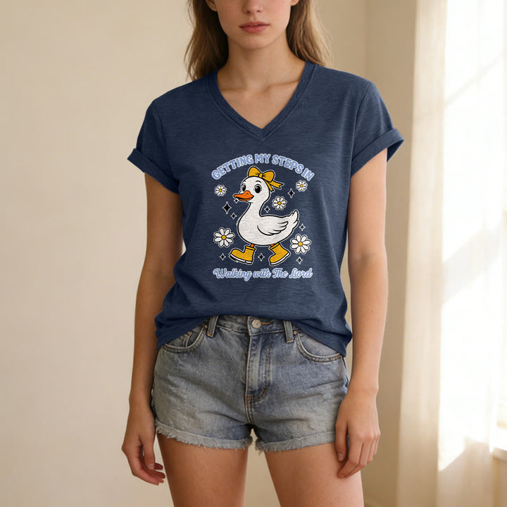 Christianartworkshop Getting My Steps In Walking With The Lord Cartoon Duck Daisy Casual V-neck T-shirt - image 3