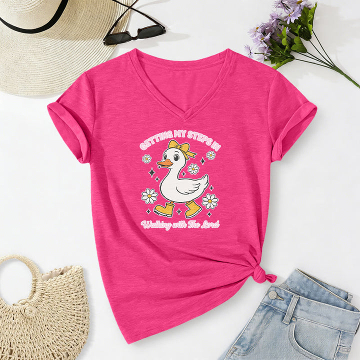 Christianartworkshop Getting My Steps In Walking With The Lord Cartoon Duck Daisy Casual V-neck T-shirt - Rose - 2XL - image 24