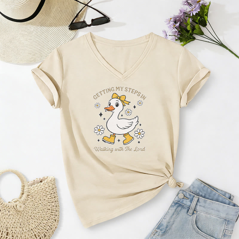 Christianartworkshop Getting My Steps In Walking With The Lord Cartoon Duck Daisy Casual V-neck T-shirt - Beige - 2XL - image 6