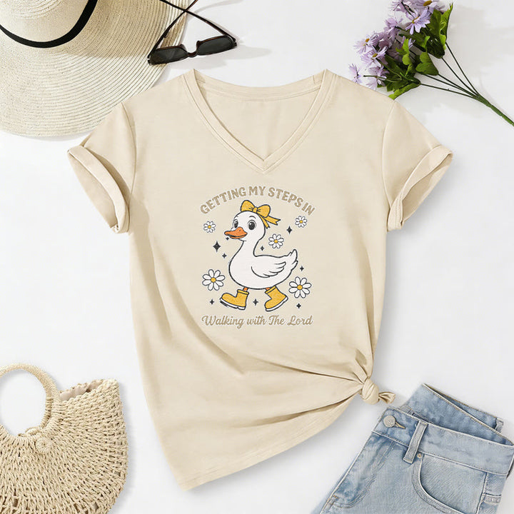 Christianartworkshop Getting My Steps In Walking With The Lord Cartoon Duck Daisy Casual V-neck T-shirt - Beige - 2XL - image 6